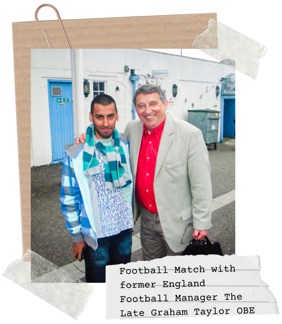 Wearing an alphabet t-shirt, hoodie and scarf in North London at Wingate and Finchley Football Club with former England Football Manager - The Late Graham Taylor OBE